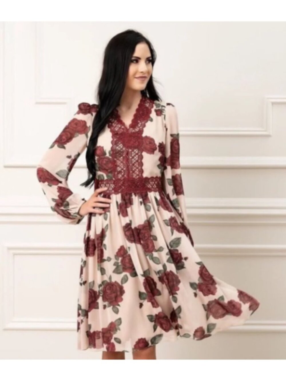Rachel Parcell Holiday Floral Rose Print Chiffon Long Sleeve Midi Dress S